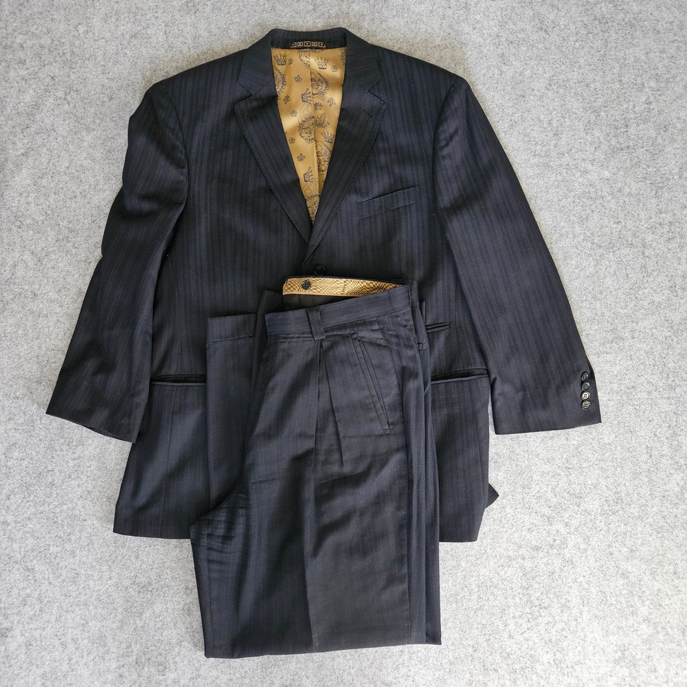 Mecca VTG Mens Navy Pinstripe 3 Button 2-Piece Suit 44R 38x32 Superior 150s